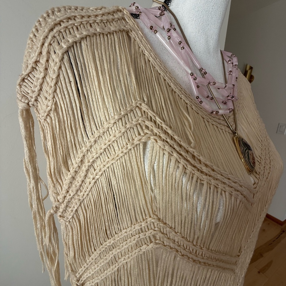 Crochet/mac Cream Fringe Sleeveless Dress/layering piece - Picture 3 of 11